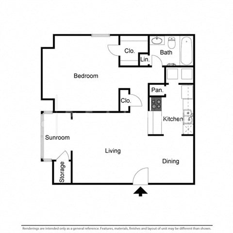 Floor plan for 1 bed, 1 bath, 694 sqft